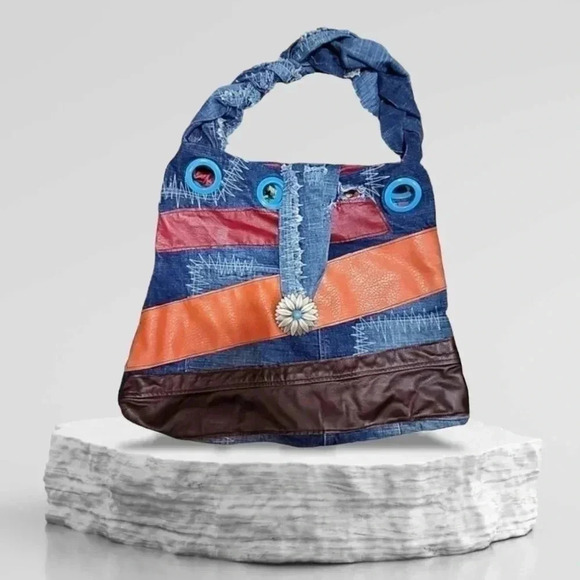 UPCYCLED Vintage Southpole extra large boho leather patchwork Hobo bag - Picture 2 of 12